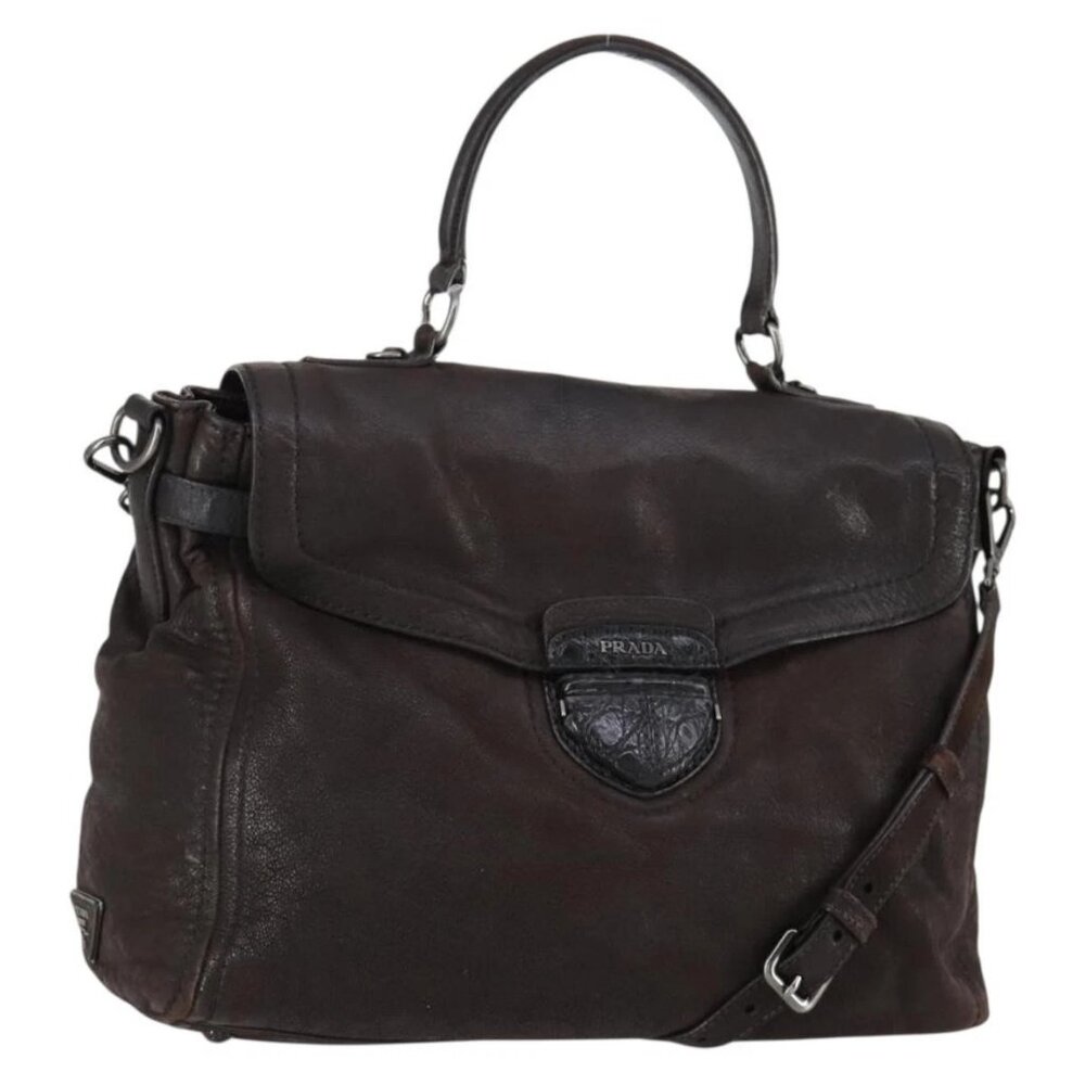 PRADA Hand Bag Leather 2way Brown Silver Auth 153083